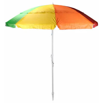 A colorful beach umbrella with a white pole and a spiral base for anchoring in sand.