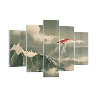 Produktbild von Bilder auf glas - 5 Teile - Rot Flugzeug Berge - 150x100cm - Glasbilder - Wandbilder - Bilder - zum Aufhängen bereit - Wanddekoration aus Glas - Glas Bilder - Wandbild auf Glas - GEA150x100-4854