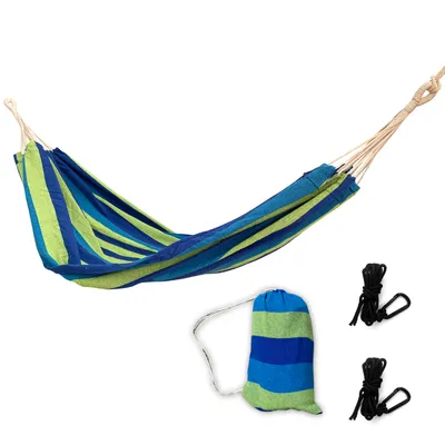 Productafbeelding van Rijoka hangmat, groot formaat – 200x140 cm – gestreept in blauw/groen – voor 1 persoon – inclusief 2 haken, touw en opbergzak