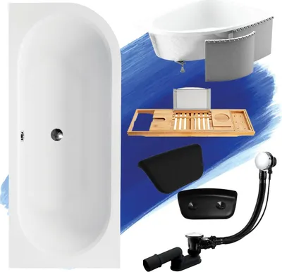 Produktbild von Badewanne Eckwanne Set 5in1 160x75 Links + Ablaufgarnitur und Füßen GRATIS + Styropor + Bambus Holzablage + Kopfstütze in Schwarz | BADLAND AVITA