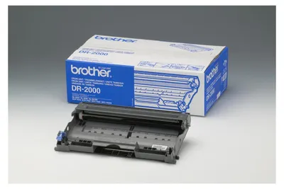 A Brother DR-2000 drum unit and its packaging are displayed on a light gray surface.
