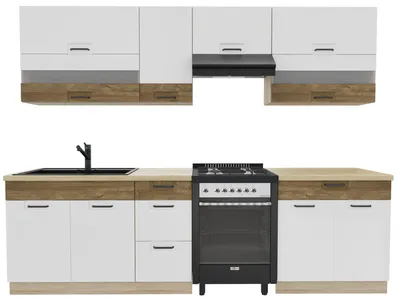 Obrázek produktu pro Kuchynská linka 270 cm – FAVORIT B PLUS – bílá lesklá a dub Sonoma – bez pracovní desky – vestavená kuchyne se zásuvkami s kovovými úchytkami – kuchyne pro jednoho