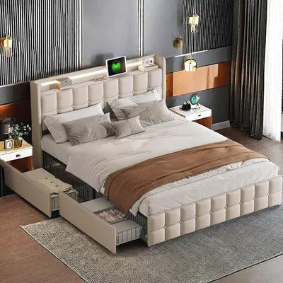 Productafbeelding van Tweepersoonsbed 160 x 200 cm met hoofdeinde, 4 lades, LED verlichting en USB oplaadfunctie