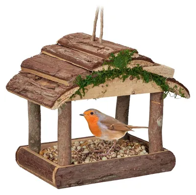 Immagine prodotto di Mangiatoia per uccelli appesa - Legno - 19 x 22 x 16,5 cm - Naturale - Per giardino, balcone e terrazza