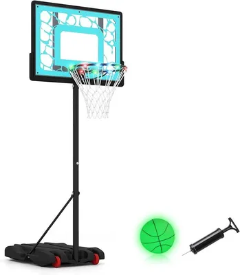 Produktbild von Basketballkorb Outdoor mit Ständer, 115-144 cm höhenverstellbar | Pool Basketballständer mit nachleuchtender Rückwand & Ball, Korbanlage mit Rollen, Korbsystem für Kinder, Erwachsene