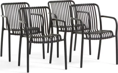 Image de lot de 4 chaises empilables avec accoudoirs en résine renforcée de fibres de verre pour l'extérieur, le jardin, les bars et les restaurants - design moderne, semblable à du rotin, robuste - SIMONA - Noir