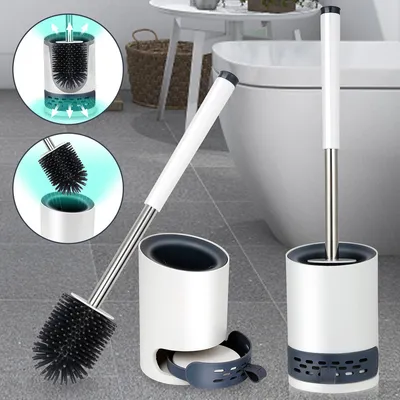 Obrázok produktu pre Clanmacy WC kefa silikónová WC kefa s lepiacim držiakom na stenu, odnímateľný odkvapkávač, do kúpeľne, biela