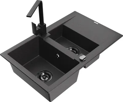 Produktbild von Mexen Gaspar 1,5-Becken-Granitspüle mit Abtropffläche und Mischbatterie Rita, Schwarz gesprenkelt - 6507-76-670300-70-B