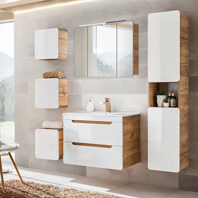 Produktbild von Badezimmer Komplettset in Hochglanz weiß mit Wotan Eiche Nb. LUTON-56 mit LED-Spiegelschrank, B/H/T ca. 180/200/46 cm