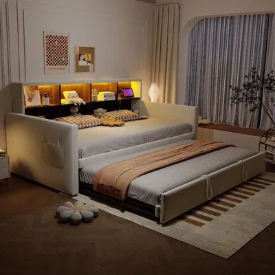 Obrázok produktu pre Postel s čalúneným rámom, rozmer 90x190 cm, s výsuvnou posteľou, LED osvetlením, zásuvkami a čelom s úložným priestorom, potiahnutá zamatom v béžovej farbe