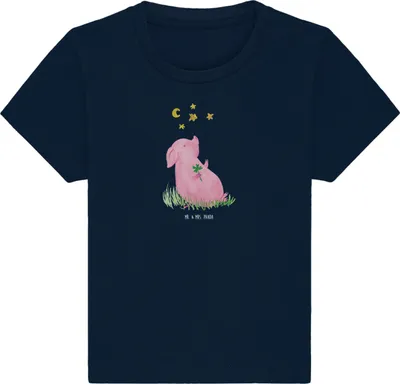 Produktbild von Mr. & Mrs. Panda Babyshirt Schwein Glück 24. - 36. Monat - French Navy - Geschenk, Ziele, Kinder Top, Träume, Baby Kurzarmshirt,  T-Shirt, Shirt, Sterne, Oberteil