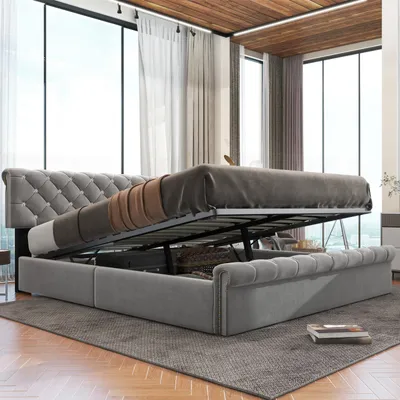 Produktbild von Boxspringbett (Doppelbett 180 x 200 cm, Polsterbett mit kristall schnalle, Lattenrost und Bettkasten), Hydraulisches Bett Funktionsbett mit höhenverstellbar Kopfteil, Samt