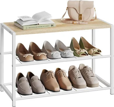 Produktbild von Schuhregal mit 2 Ebenen aus Metall, platzsparende Schuhaufbewahrung für 6 Paar, Schuhständer für Flur und Wohnzimmer, 63x43x30 cm, weiß