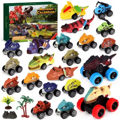 Produktbild von Adventskalender mit Dinosaurier-Autos – Set mit 24 Teilen – Abschleppwagen mit Rückwärtsfunktion – Weihnachtskalender für Jungen