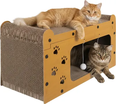 Image de Purlov griffoir pour chats 3-en-1 avec 2 niveaux HDF & carton ondulé extra-ferme Aire de repos + surface à gratter + jeu, stable & antidérapant Balles incluses 29,5×56×27 cm