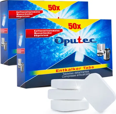 Produktbild von 100x Oputec Kaffeemaschinen Entkalker Tabs: Für Kaffeevollautomaten, Espressomaschinen, Wasserkocher - Entkalkungs-Tabletten - Kompatibel zu Jura, Senseo, Siemens, Tassimo, Delonghi u.v.m. -  Germany!