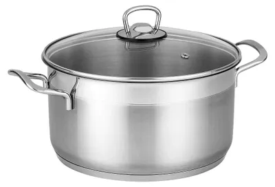 A stainless steel cooking pot with a glass lid and handles, shown from a side-angle on a white background.