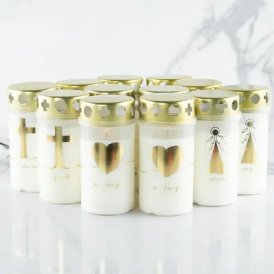 Produktbild von HOFER Grabkerzen klein mit Deckel - 12 Stück - ca. 50 Std. Brenndauer - Trauerkerzen, Grablicht, Friedhofskerze mit goldenem Motiv - Grabdeko