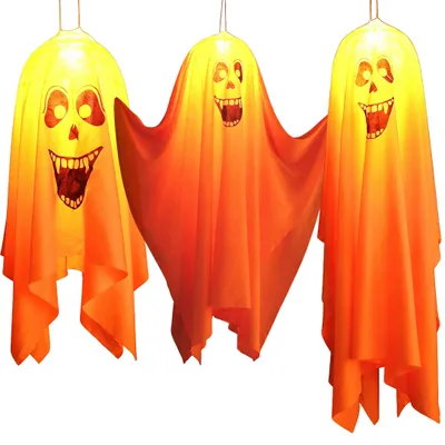 Obrázek produktu pro Sada 3 kusů, dekorace na Halloween pro venkovní použití, 45 cm vysoké závěsné "duchy" ve formě nafukovacích dekorací s řetězy světel, LED "strašidelné" létající duchy, dekorace na terasu, trávník, zahradu, pro Halloween party