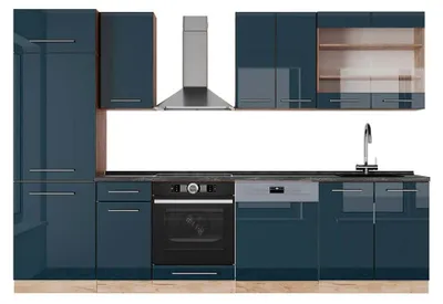 Zdjęcie produktu dla Aneks kuchenny Vicco Fame-Line Ciemnoniebieski wysoki połysk/złoty dąb 300 cm , BP Antracyt, Model 49774