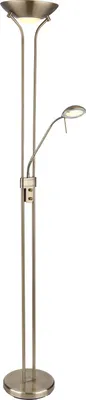 A floor lamp with two lights, one at the top and a smaller adjustable one on the side, against a white background.