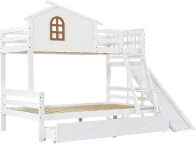 Produktbild von Etagenbett 90x200/120x200cm Hausbett (ohne Matratze) Massivholzbett mit vierstufiger Kipptreppe Rutsche und 2 Schubladen Weiss Familienbett
