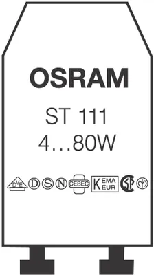A black and white diagram of an OSRAM ST 111 starter, showing its model number, wattage range, and various certification marks.