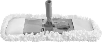 A mop head with a microfiber cover and a gray handle attachment.