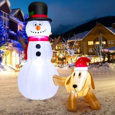 Produktbild von GOPLUS 180 cm aufblasbarer Schneemann mit Hund, Weihnachtsdekoration mit LED-Lichtern, Erdnägeln, selbstaufblasend etc., Weihnachtsdeko für Garten