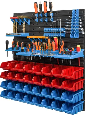 A wall-mounted tool organizer with various tools and storage bins.