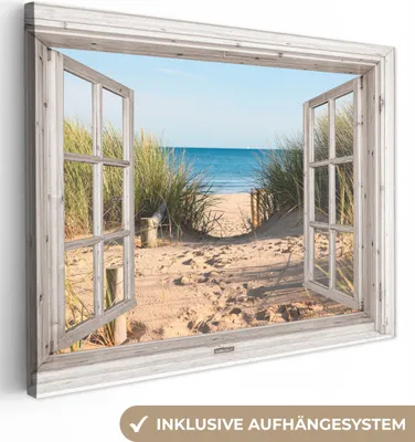 Produktbild von MuchoWow® - Leinwandbilder - Durchblick - Strand - Meer - Dünen - Sand - Wasser - Hochgras, Wandbild, Wanddeko Bilder Wohnzimmer, 40x30cm