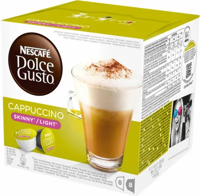 A box of Nescafé Dolce Gusto Cappuccino light coffee capsules, with a depiction of a prepared cappuccino and two capsules.