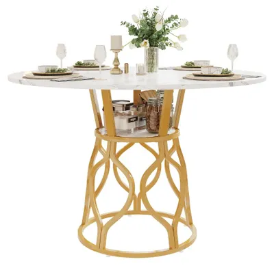 Obrázok produktu pre Okrúhly jedálenský stôl – Rozmery: 100 x 100 x 75 cm – Pre 4–6 osôb – Integrovaná odkladacia plocha – Doska stola z MDF – Kovová konštrukcia – Farba: biela a zlatá