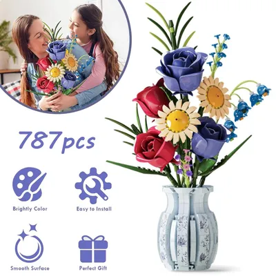 Immagine prodotto di Blocchi da costruzione a forma di fiori, set di giocattoli per costruire fiori, kit fai-da-te per piante, composizioni floreali, decorazioni
