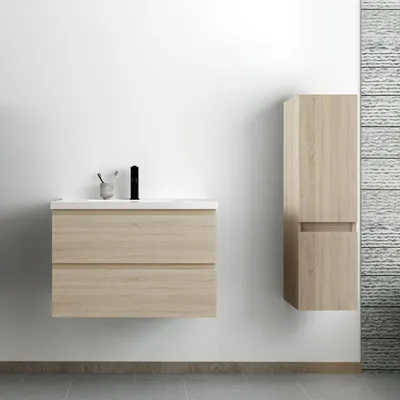Image de Ensemble Meuble Salle de Bain Suspendu 3 Pièces avec Lavabo, Meuble à 2 Tiroirs 79cm + Colonne Étroite 110cm, MDF Chêne à Monter