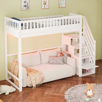 Produktbild von okwish Hochbett Einzelbett 90x200 mit LED-Lichtleiste und Stauraum,Kinderbett mit Sicherheitsleiter und Sicherheitsgeländer,Weiß(ohne Matratze)