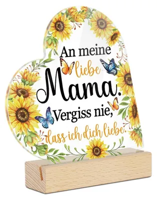 Immagine prodotto di Pannello in acrilico con base in legno, con l'incisione: "Alla mia cara mamma, non dimenticare mai che ti voglio bene". Motivo: girasoli e farfalle. Dimensioni: 18 x 12 cm. Colore: bianco e giallo