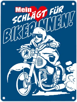 Produktbild von Metallschild in 15x20 cm in blau mit Motorrad Mein Herz schlägt für Bikerinnen