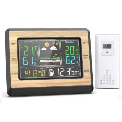 Produktbild von Tekoo Funk-Wetterstation mit Außensensor, 6 Zoll Farbdisplay & Holzoptik