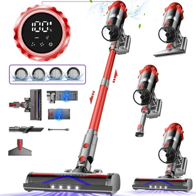 A collage of images showcasing a cordless vacuum cleaner and its various attachments, along with a digital display showing battery status.