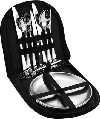 Immagine prodotto di Set di posate da campeggio portatile in acciaio inox con sacchetto di stoccaggio - posate da picnic per 2 persone