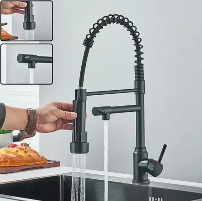 Produktbild von Küchenspültischarmatur mit ausziehbarem Mischhahn für Warm- und Kaltwasser, 2-Modi-Wasserhahn mit doppeltem Auslauf, 360° drehbar