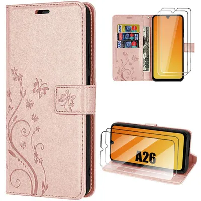 Image de Coque + 2 Verres Trempés pour Samsung Galaxy A26 5G, Protection Anti-Rayures CuirPolyuréthaneMotif Fleur Papillon - Rose