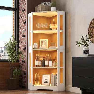 Immagine prodotto di Mobile espositore alto 165 cm con illuminazione a LED, presa di corrente e ripiano per bottiglie, ideale per cucina e sala da pranzo. Armadio vetrina, mobile alto, colore bianco