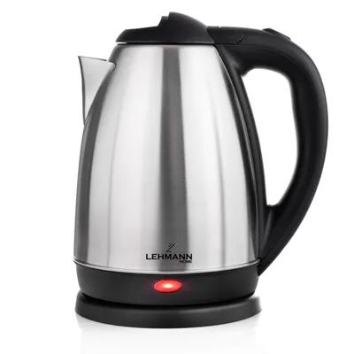A stainless steel electric kettle with a black base and handle, on a white background.