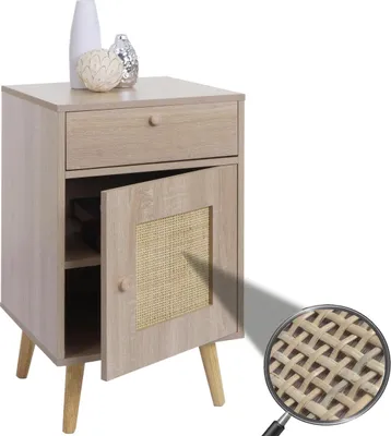 Zdjęcie produktu dla Stolik boczny HWC-M36, stolik kawowy stolik nocny stolik do salonu, schowki szuflada, Kubu rattan drewno melamina, wygląd dąb