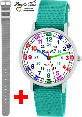 Produktbild von Kinder Armbanduhr Mädchen Jungs Lernuhr Uhrzeit lernen 2 Armband türkis + grau