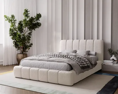 Image de Lit rembourré 140 x 200 Milan - Lit double avec coffre de rangement, lit avec tête de lit - Bouclé, crème