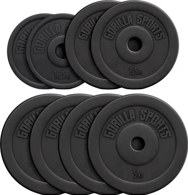 Produktbild von GORILLA SPORTS® Hantelscheiben - 27,5kg Set, 2x1,25 kg + 2x2,5 kg + 4x5 kg Gewichte, 30mm Bohrung, aus Kunststoff - Gewichtsscheiben, Hantelscheiben-Set, Hanteln