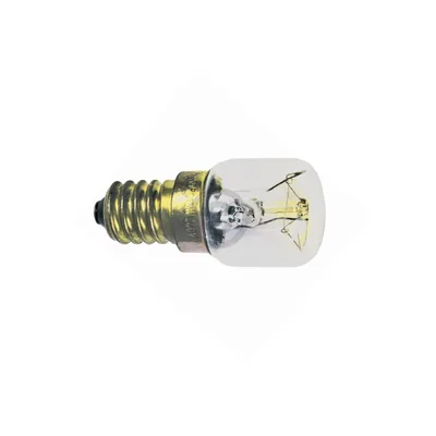 A close-up side view of a small incandescent light bulb with a screw base, isolated on a white background.